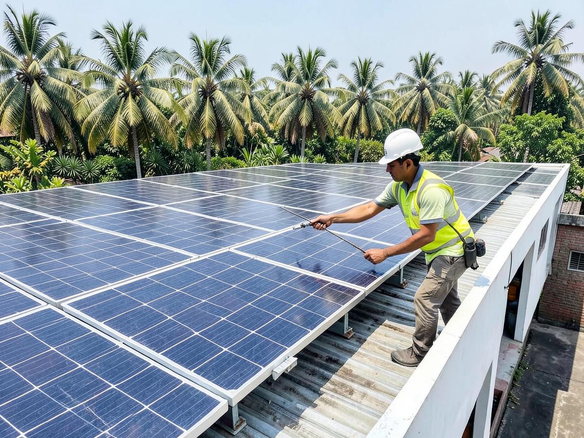 Technician cleaning a commercial rooftop solar array in Kerala