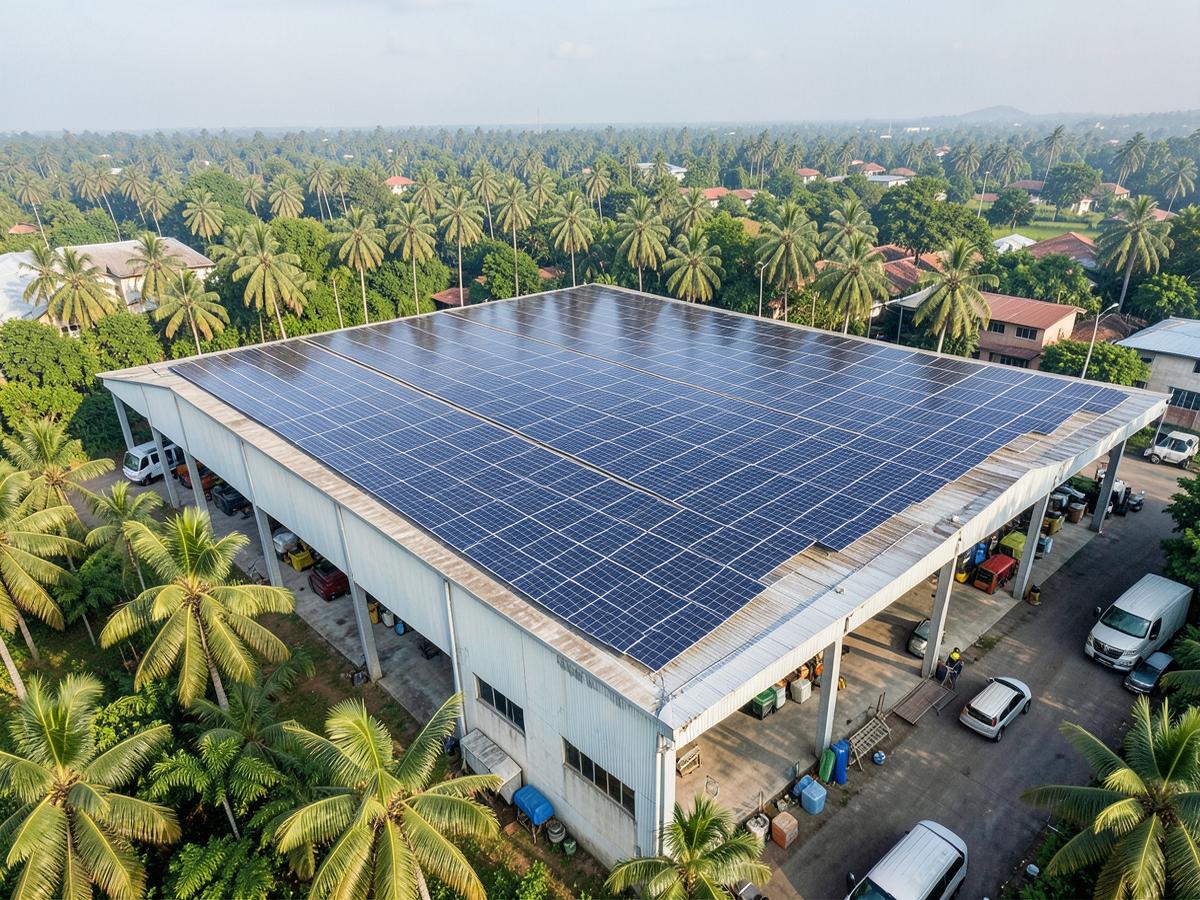 Aerial view of a large industrial rooftop solar installation